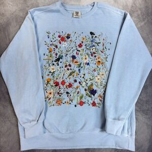 Comfort Colors Sweatshirt Unisex Large Light Blue Wildflower Graphic